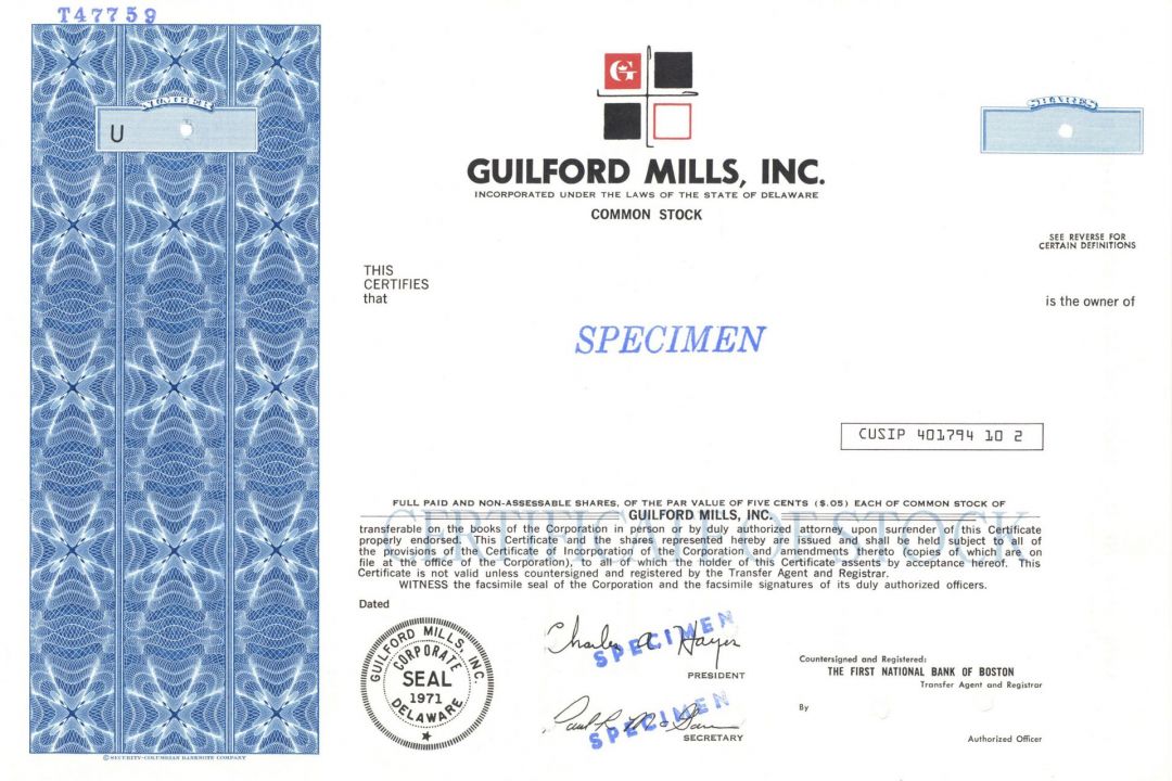 Guilford Mills, Inc. - Specimen Stock Certificate - Guilford County, North Carolina