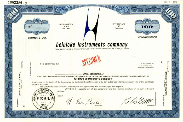 Heinicke Instruments Company - Specimen Stock Certificate