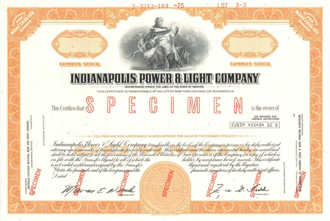 Indianapolis Power and Light Co. - Specimen Stock Certificate