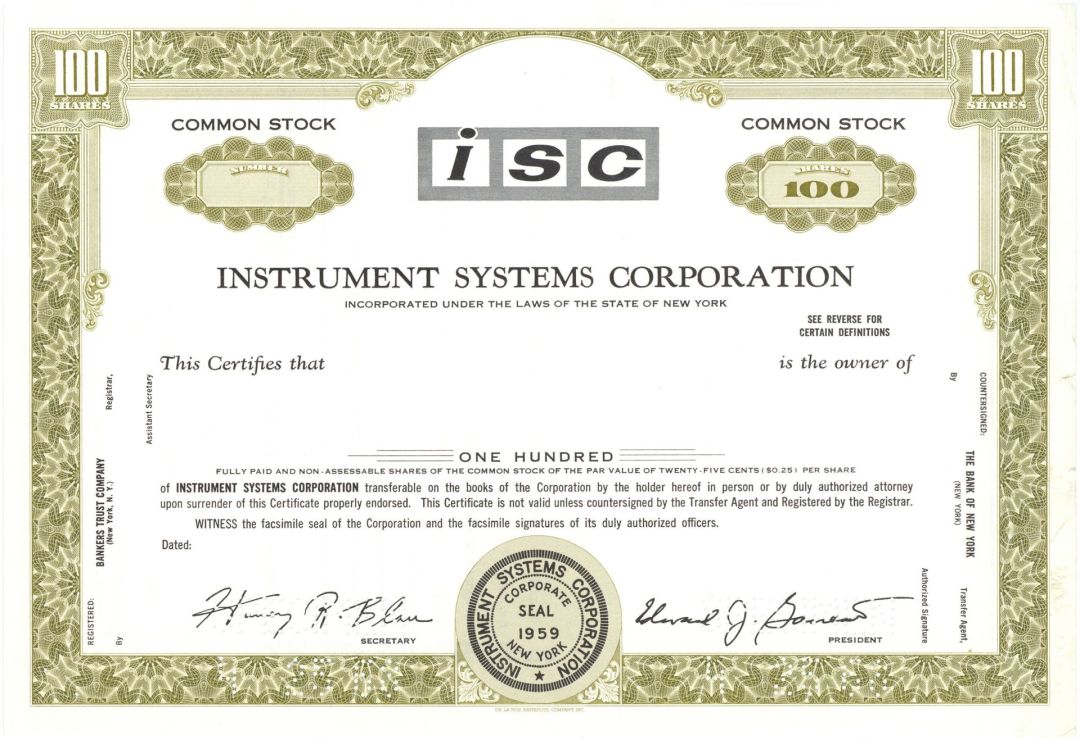 Instrument Systems Corporation - Specimen Stock Certificate