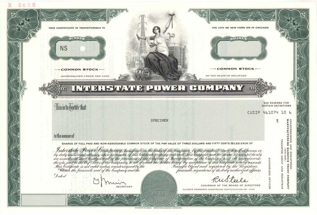 Interstate Power Co. - Specimen Stock Certificate