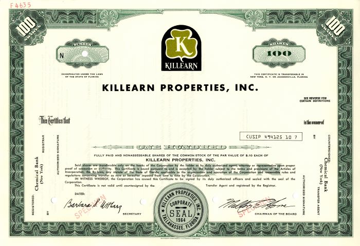 Killearn Properties, Inc. - Specimen Stock Certificate