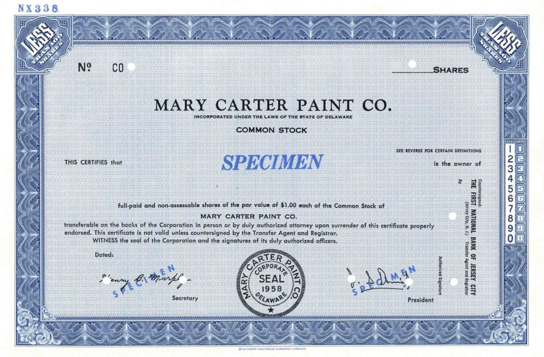 Mary Carter Paint Co. - Specimen Stock Certificate - Awesome History