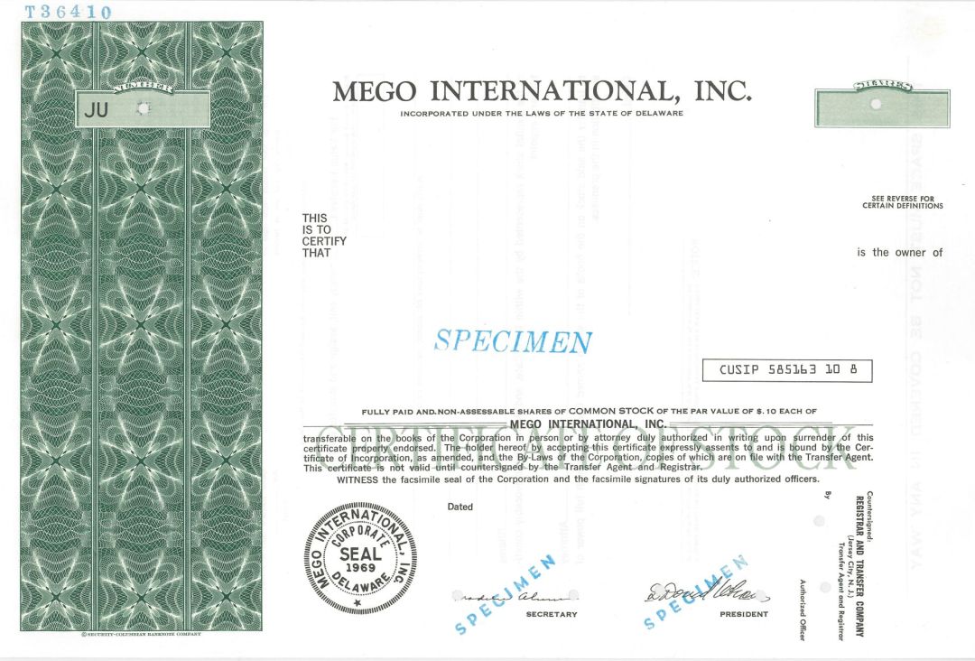 Mego International, Inc. - Specimen Stock Certificate