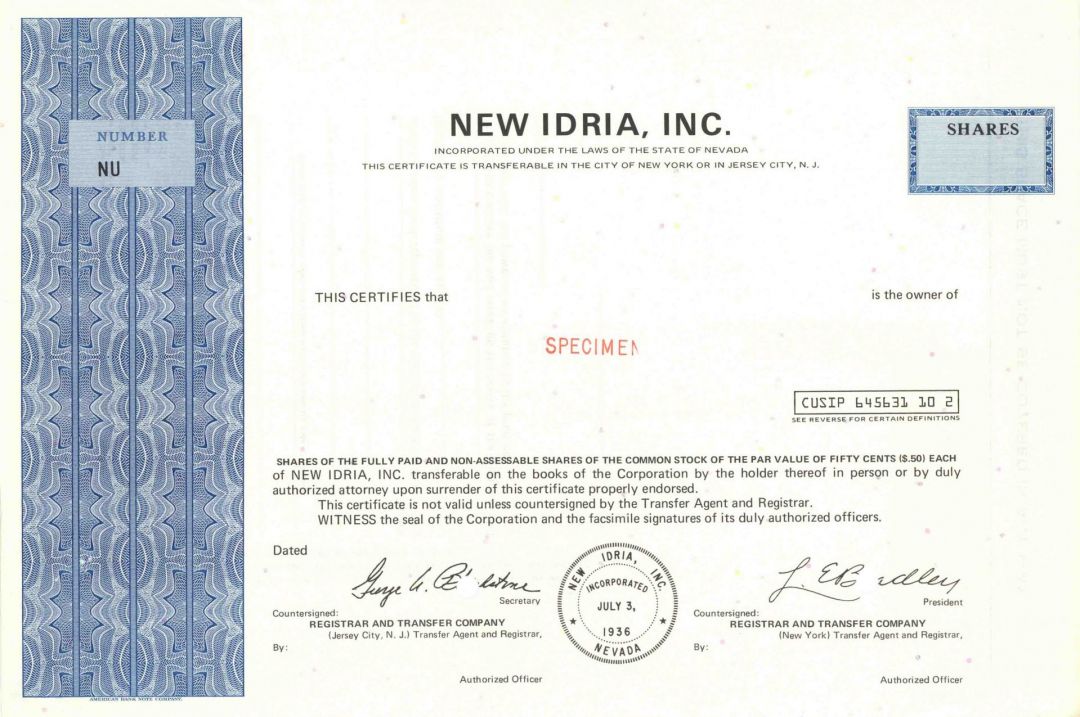 New Idria, Inc. - Specimen Stock Certificate