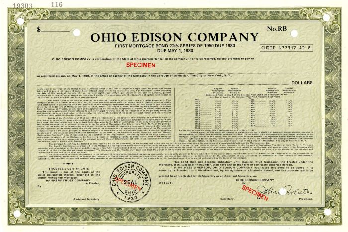 Ohio Edison Co. - Specimen Bond