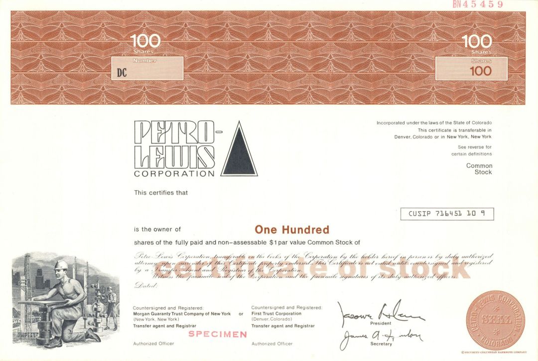 Petro-Lewis Corporation -  Specimen Stock Certificate