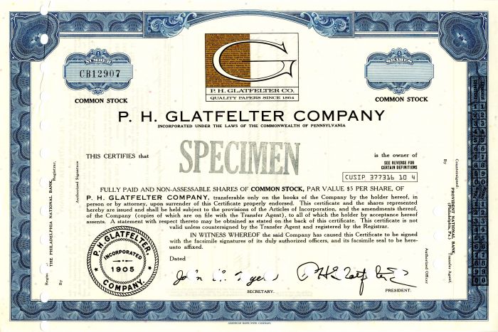 P. H. Glatfelter Co. - Specimen Stock Certificate