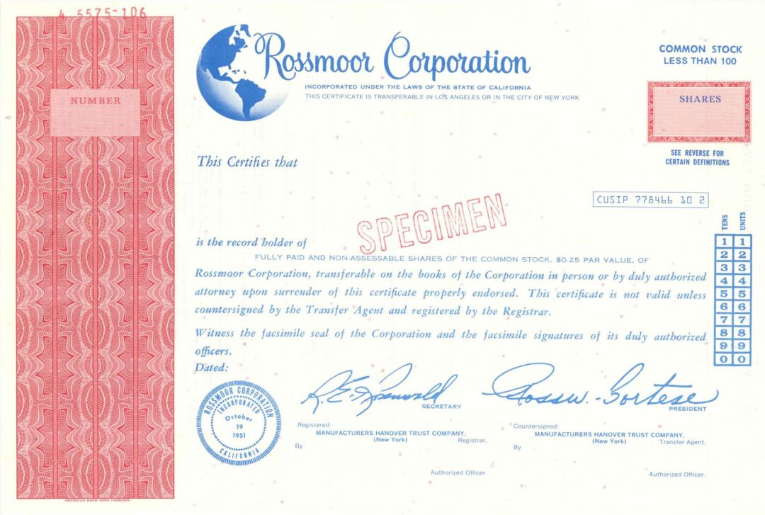 Rossmoor Corp. - Specimen Stock Certificate