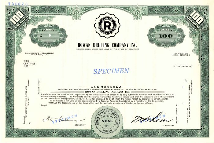 Rowan Drilling Co. Inc. - Offshore Drilling Specimen Stock Certificate