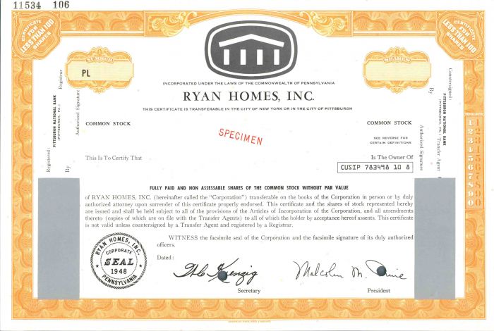 Ryan Homes, Inc. - Specimen Stock Certificate