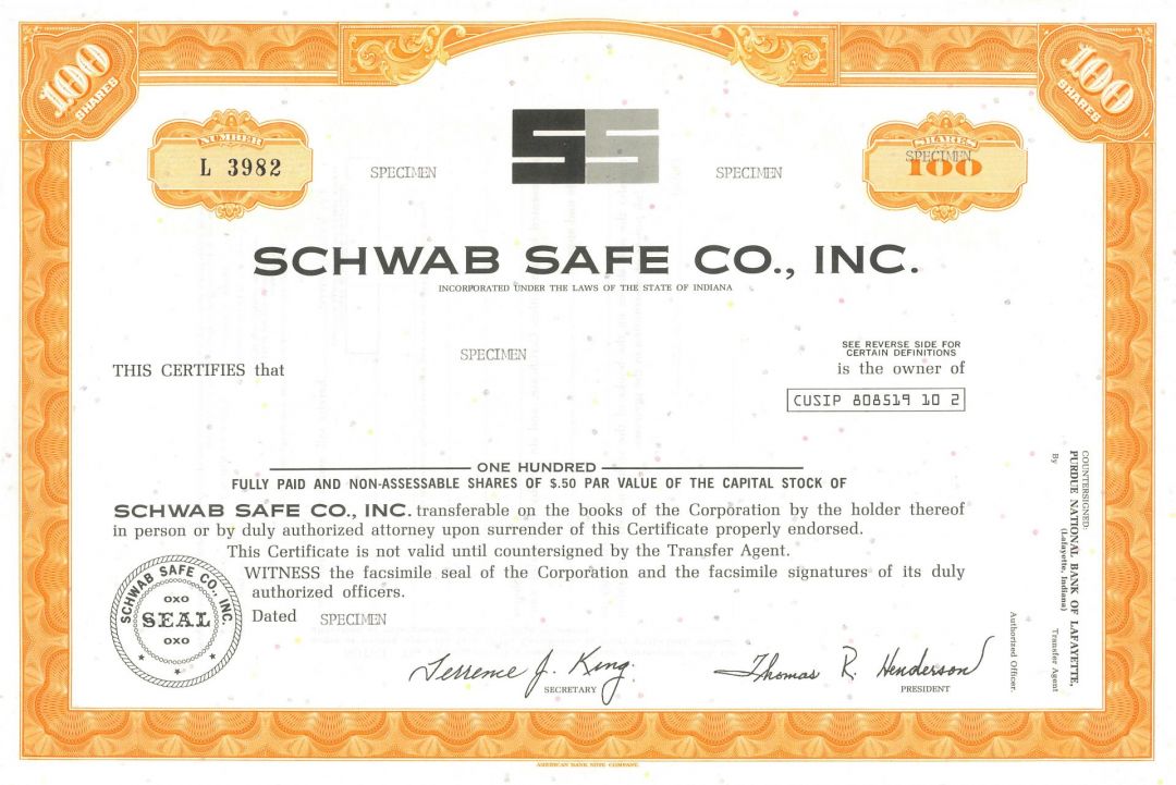 Schwab Safe Co., Inc. - Specimen Stock Certificate