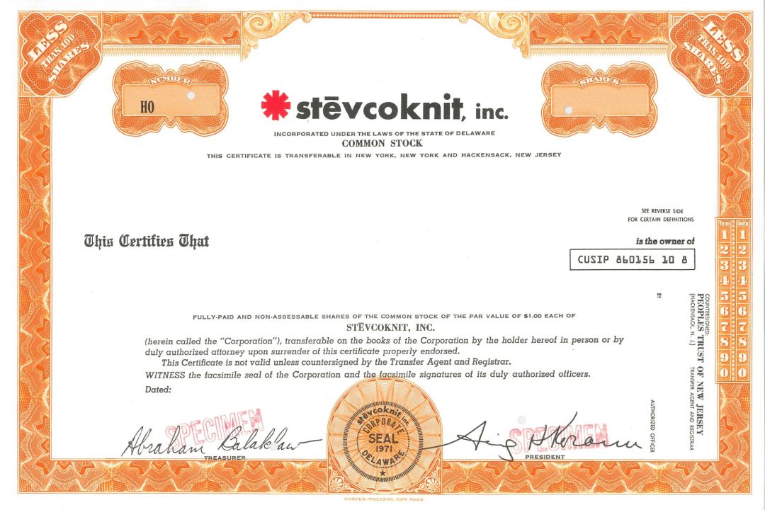 Stevcoknit, Inc.- Specimen Stock Certificate