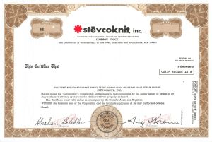 Stevcoknit, Inc.- Specimen Stock Certificate