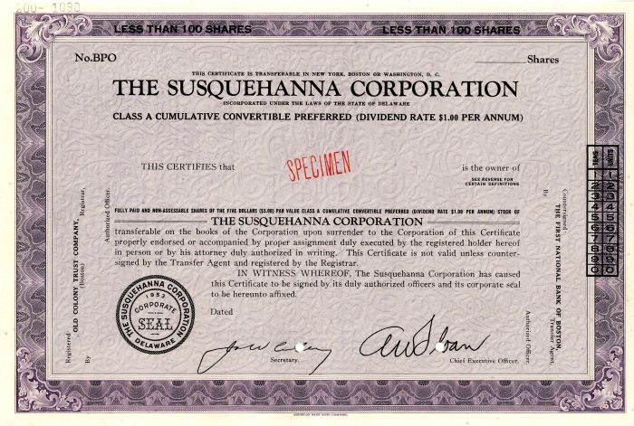 Susquehanna Corporation - Specimen Stock Certificate