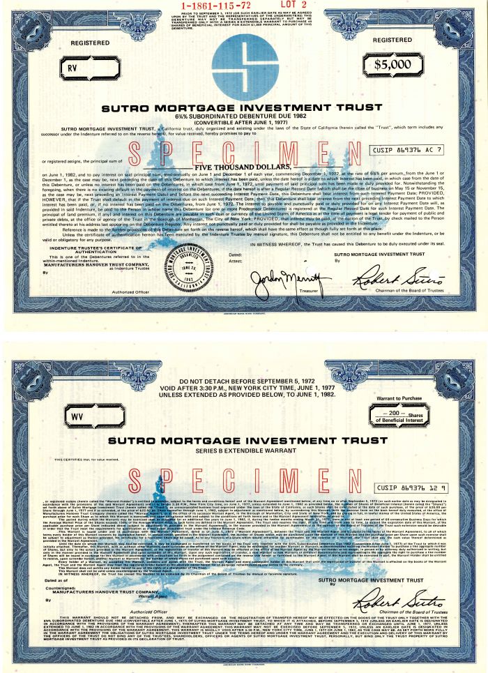 Sutro Mortgage Investment Trust - Uncut Pair of Specimen Bonds - Unique