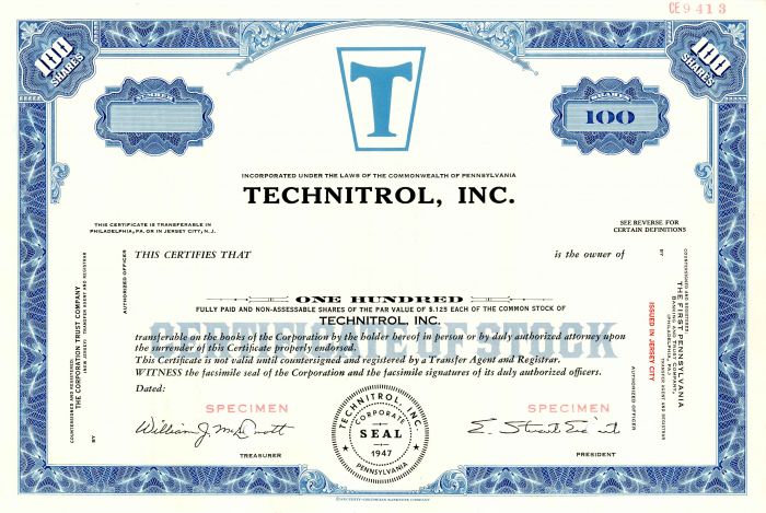 Technitrol, Inc. - Specimen Stock Certificate