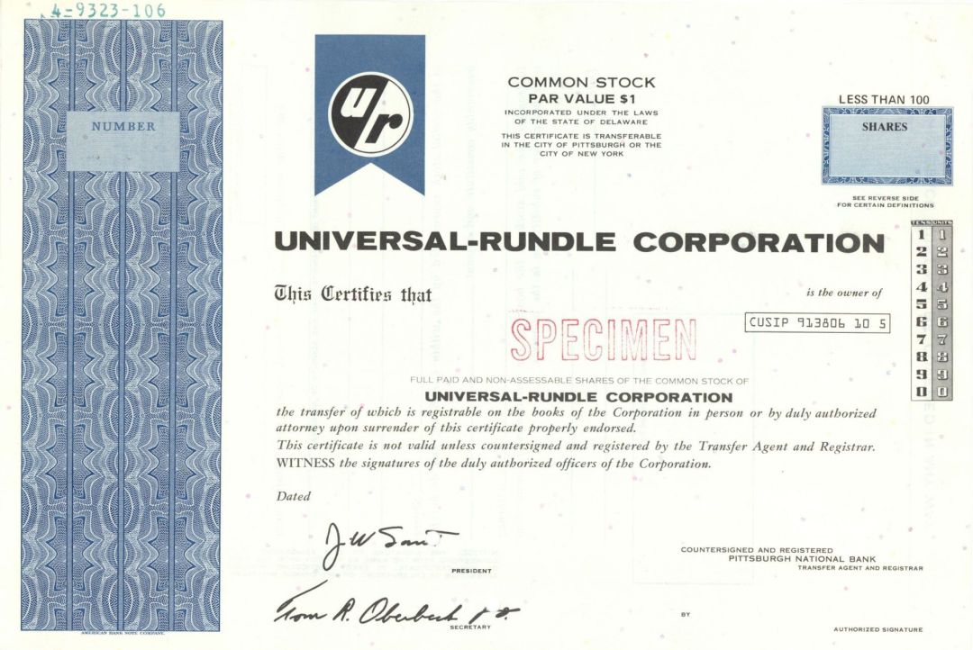 Universal-Rundle Corp. - Specimen Stock Certificate