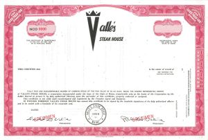 Valle's Steak House - Specimen Stock Certificate - Available in Red or Olive - Please Specify Color