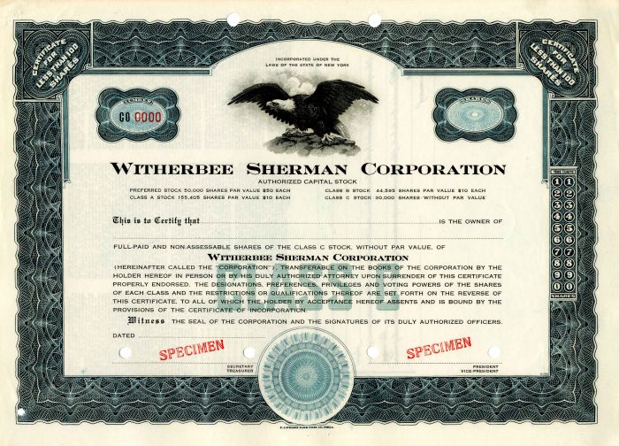 Witherbee Sherman Corporation - Specimen Stock Certificate