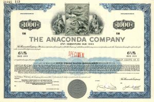 Anaconda Co. - $1,000 Specimen Bond circa 1960's - Famous Mining Company