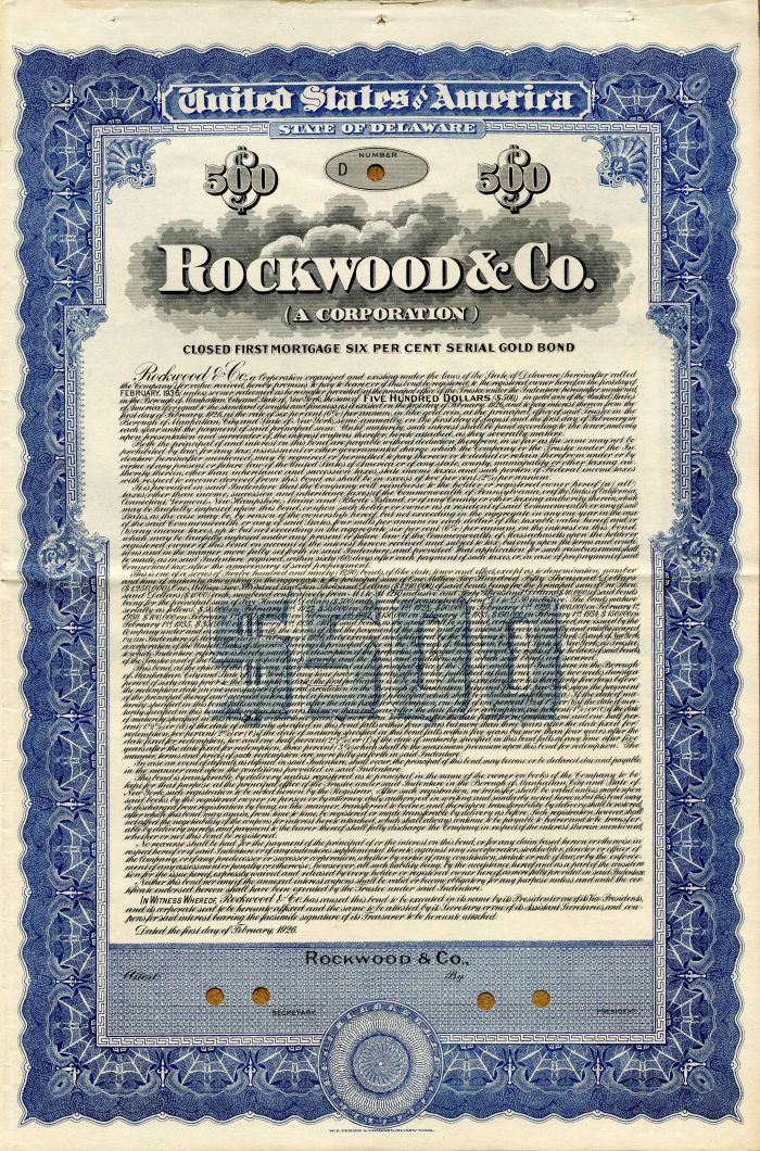 Rockwood and Co. - 1926 dated $500 Specimen Gold Bond - Chocolatier Company