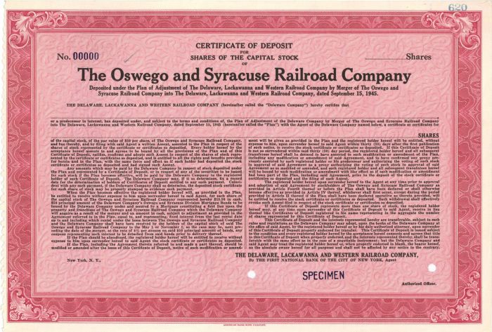 Oswego and Syracuse Railroad Co. - Specimen Stock Certificate