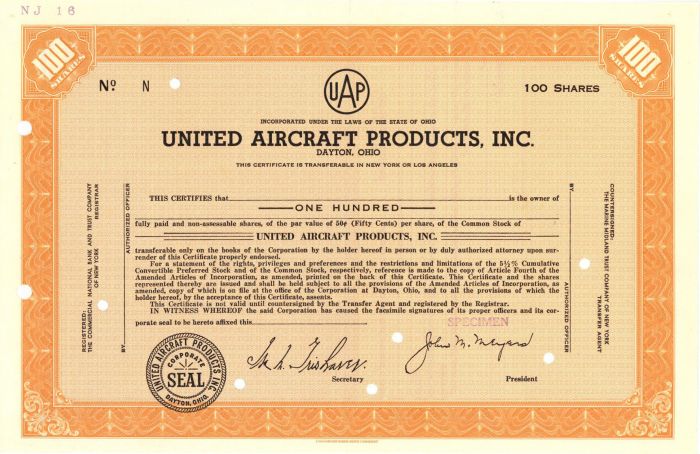 United Aircraft Products, Inc. - Specimen Stock