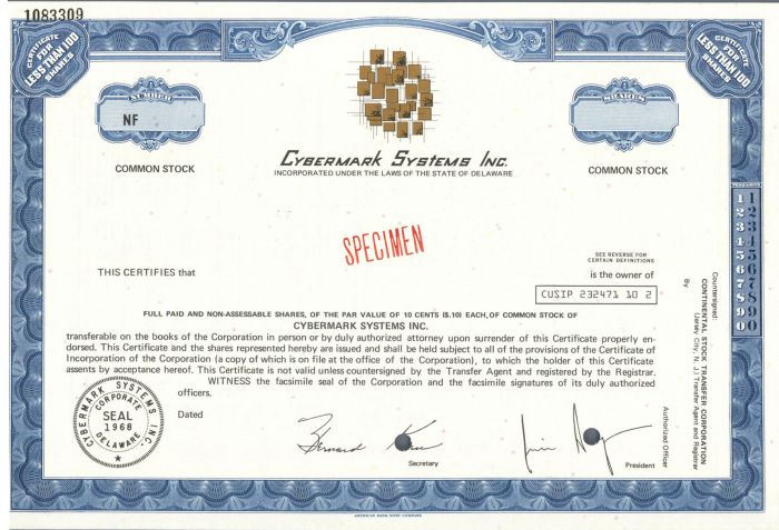 Cybermark Systems, Inc. - Specimen Stock Certificate