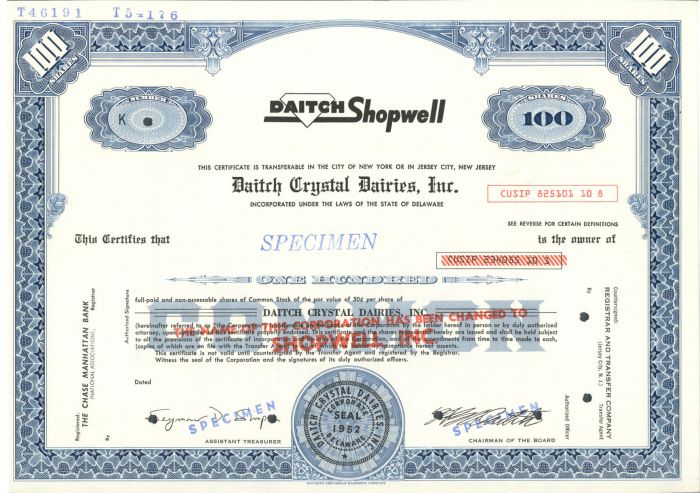 Daitch Crystal Dairies, Inc. - Specimen Stock Certificate