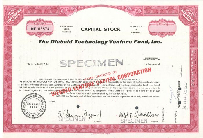 Diebold Technology Venture Fund, Inc. - Specimen Stock Certificate