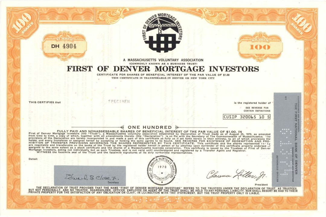 First of Denver Mortgage Investors - Specimen Stock Certificate