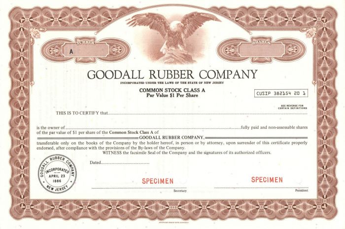 Goodall Rubber Co. - Specimen Stock Certificate