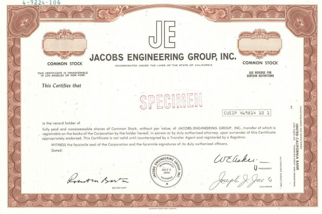 Jacobs Engineering Group, Inc. - Specimen Stock Certificate