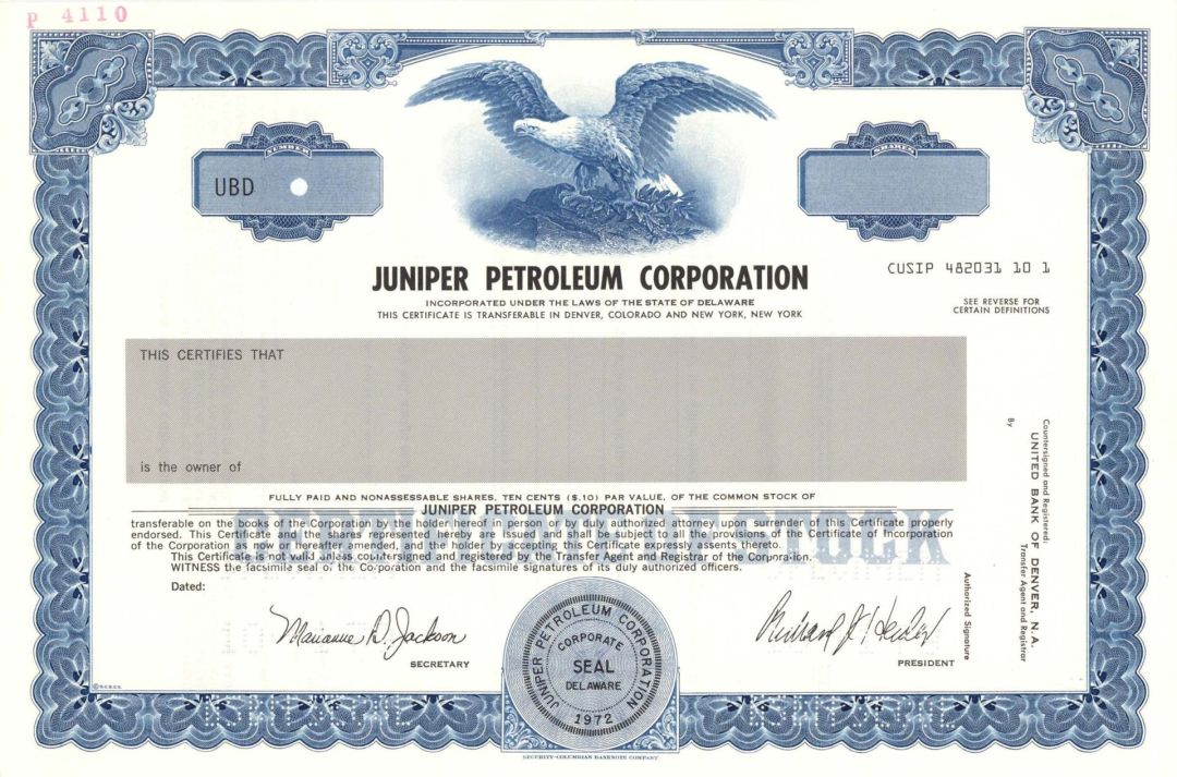 Juniper Petroleum Corp. - Specimen Stock Certificate