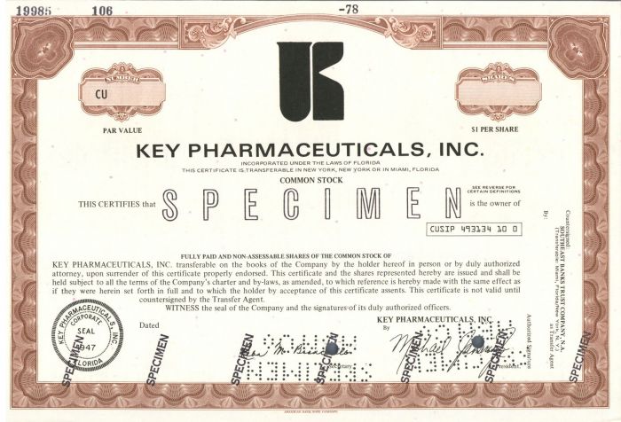 Key Pharmaceuticals, Inc. - Specimen Stock Certificate