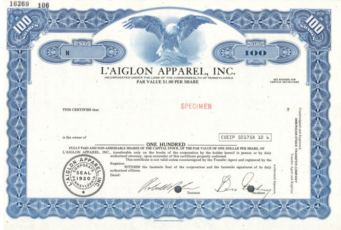 L'aiglon Apparel, Inc. - Specimen Stock Certificate