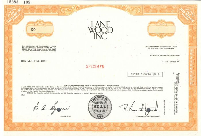 Lane Wood Inc - Specimen Stock Certificate