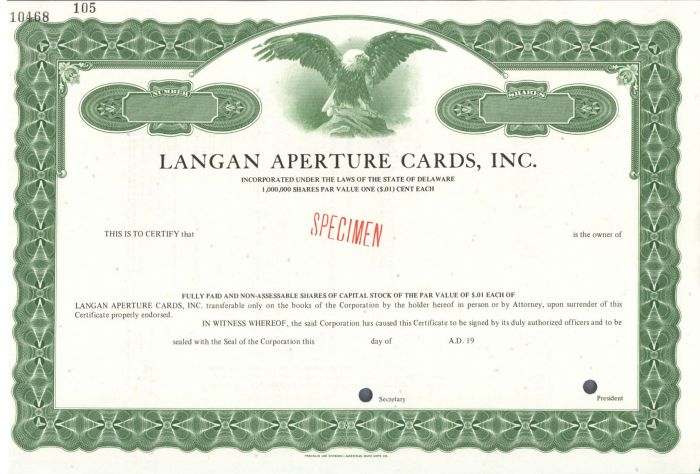 Langan Aperture Cards, Inc. - Specimen Stock Certificate