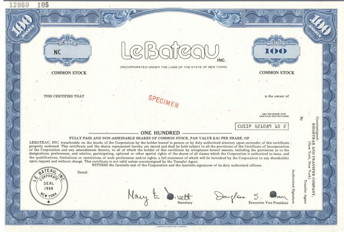 Lebateau, Inc. - Specimen Stock Certificate