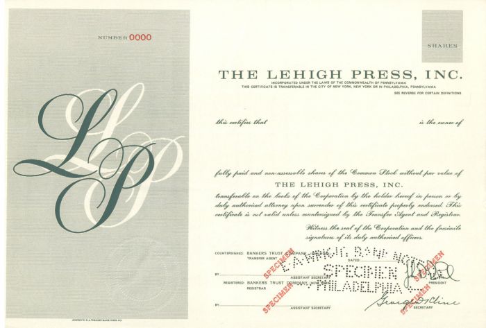 Lehigh Press, Inc. - Specimen Stock Certificate