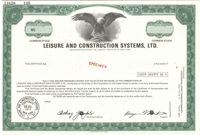 Leisure and Construction Systems, Ltd. - Specimen Stock Certificate