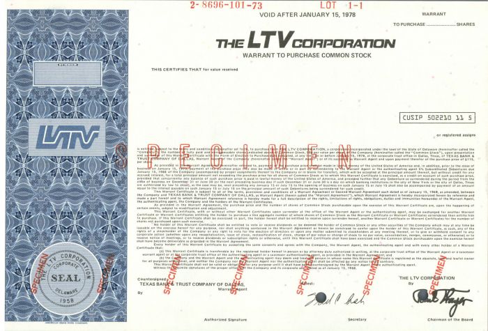 LTV Corporation - Specimen Stock Certificate