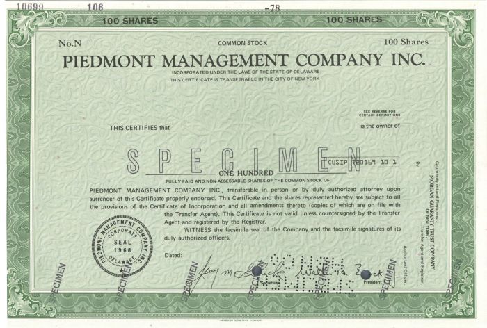 Piedmont Management Co. Inc. - Specimen Stock Certificate