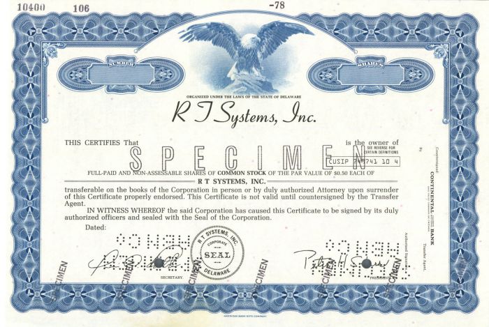 R T Systems, Inc. - Specimen Stock Certificate