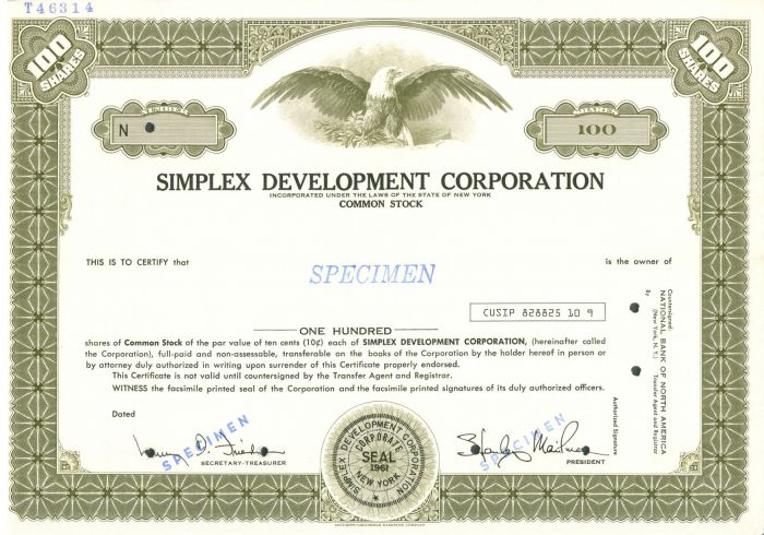 Simplex Development Corporation - Specimen Stock Certificate