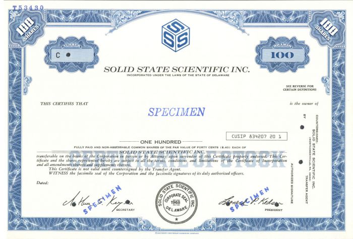 Solid State Scientific Inc. - Specimen Stock Certificate