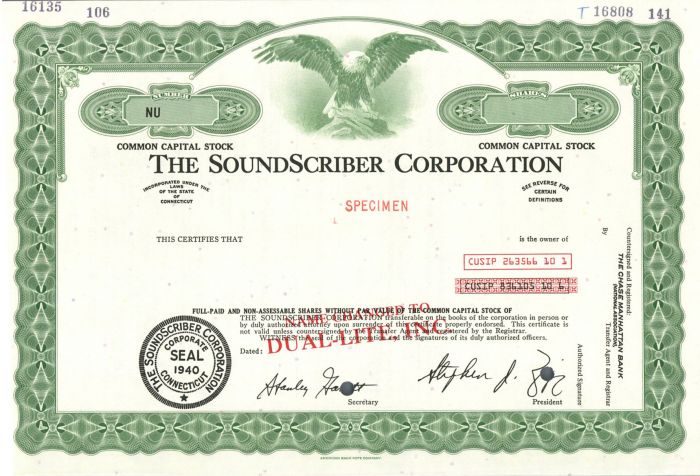 Soundscriber Corporation - Specimen Stock Certificate