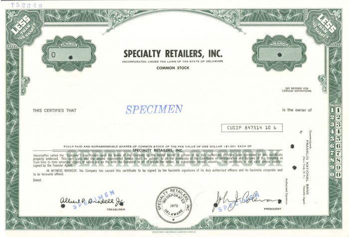 Specialty Retailers, Inc. - Specimen Stock Certificate