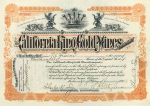 California King Gold Mines Co. - Territory of Arizona - 1903 dated Mining Stock Certificate